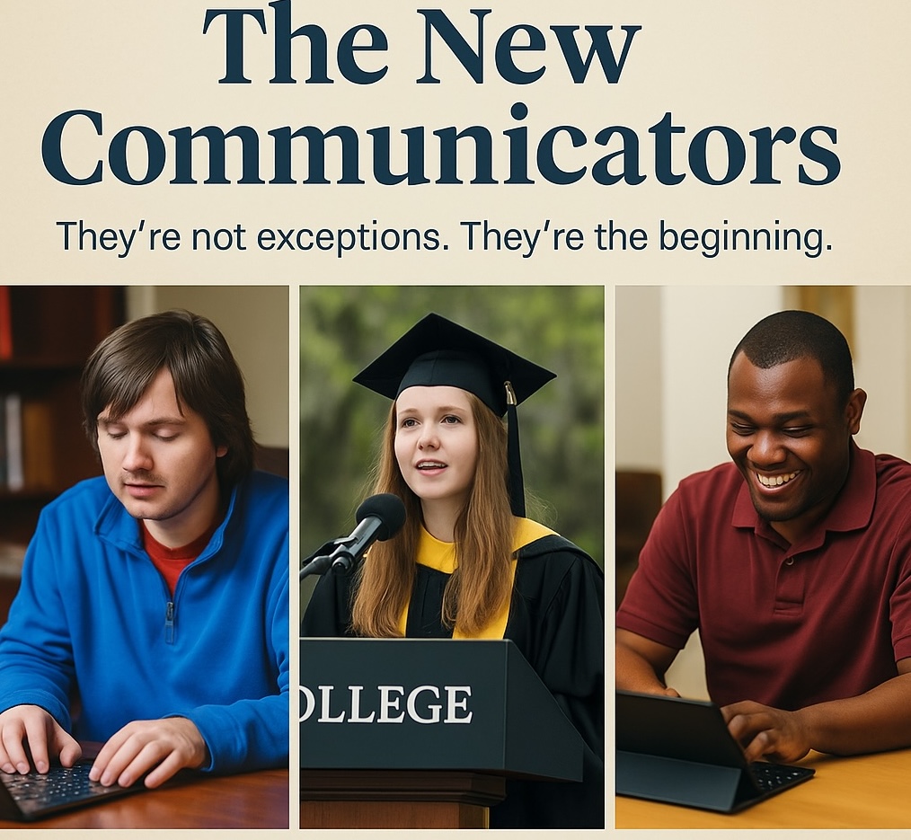 A digital collage titled ‘The New Communicators’ features three nonspeaking individuals using tablets and speech devices to communicate. The top of the image reads: ‘They’re not exceptions. They’re the beginning.’ A young man types on a keyboard, a woman in a graduation cap speaks at a podium labeled ‘College,’ and another man smiles while spelling on a tablet.