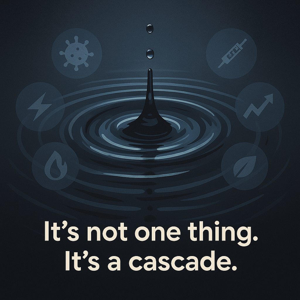A digital illustration of a single drop of water hitting a dark pool, creating ripple effects. Around the ripples are faint icons representing infection, fever, inflammation, toxins, and immune stress. Text overlay reads: “It’s not one thing. It’s a cascade.”