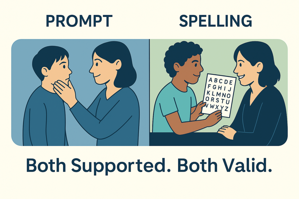 A split-screen illustration showing two communication methods. On the left, a speech therapist uses PROMPT therapy by gently touching a child’s face. On the right, a nonspeaking child uses a letterboard to spell words while a communication partner looks on. Text below reads: “Both Supported. Both Valid.”