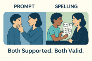 A split-screen illustration showing two communication methods. On the left, a speech therapist uses PROMPT therapy by gently touching a child’s face. On the right, a nonspeaking child uses a letterboard to spell words while a communication partner looks on. Text below reads: “Both Supported. Both Valid.”