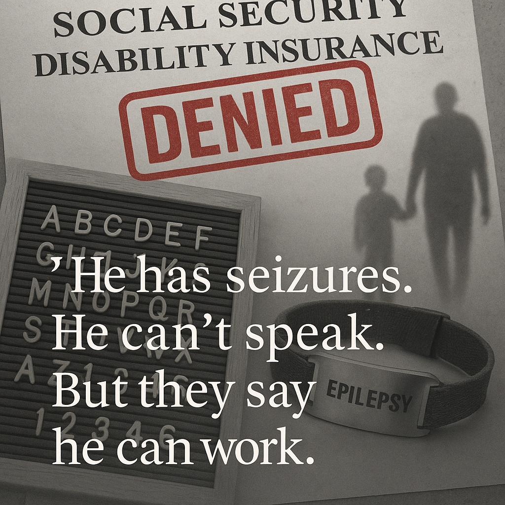 A composite image showing a government Social Security Disability Insurance document stamped “DENIED” in bold red. Below it, a letterboard with alphabet letters represents alternative communication, a medical ID bracelet labeled “EPILEPSY,” and a faint silhouette of a child holding hands with an adult. The overlayed quote reads: “He has seizures. He can’t speak. But they say he can work.”
