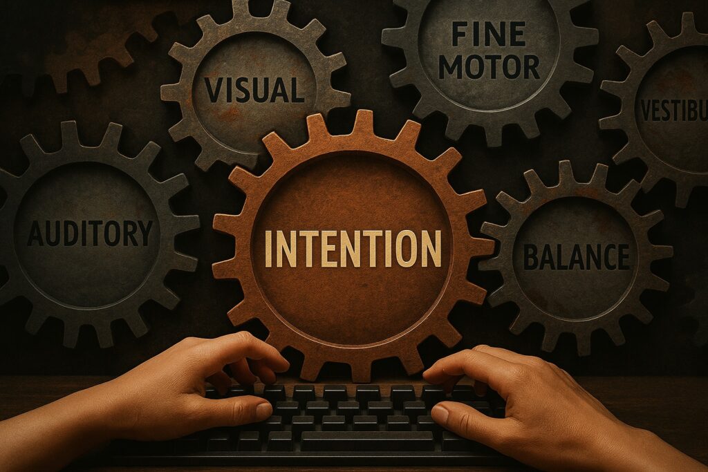 A digital illustration of interlocking cogwheels labeled with terms like ‘Intention’, ‘Execution’, ‘Visual Input’, ‘Auditory Input’, ‘Fine Motor’, and ‘Balance’. A pair of human hands hovers over a keyboard in the foreground, symbolizing the breakdown between intention and action in apraxia.