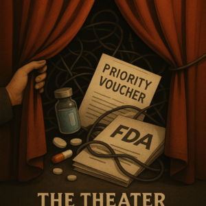 Digital illustration of red velvet theater curtains pulled back to reveal a chaotic scene with tangled wires, pills, and regulatory documents. A glowing ‘Priority Voucher’ is spotlighted at the center, symbolizing the hidden politics of FDA fast-track approvals.