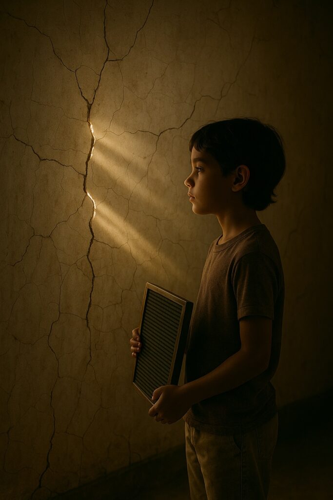 A young child holding a letter board stands in profile, gazing at warm light streaming through a crack in an aged, textured wall.