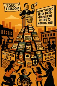 A satirical cartoon illustration of a food pyramid made of ultra-processed items like soda, chips, and supplements. At the top, a suited bureaucrat holds a wearable fitness tracker and waves a flag labeled “Food Freedom.” Below, disabled families are blocked by fences labeled “Medicaid Cuts” and “Program Delays.” A large billboard in the background reads, “We Can’t Afford Fresh Food—But We Can Afford to Monitor You.”