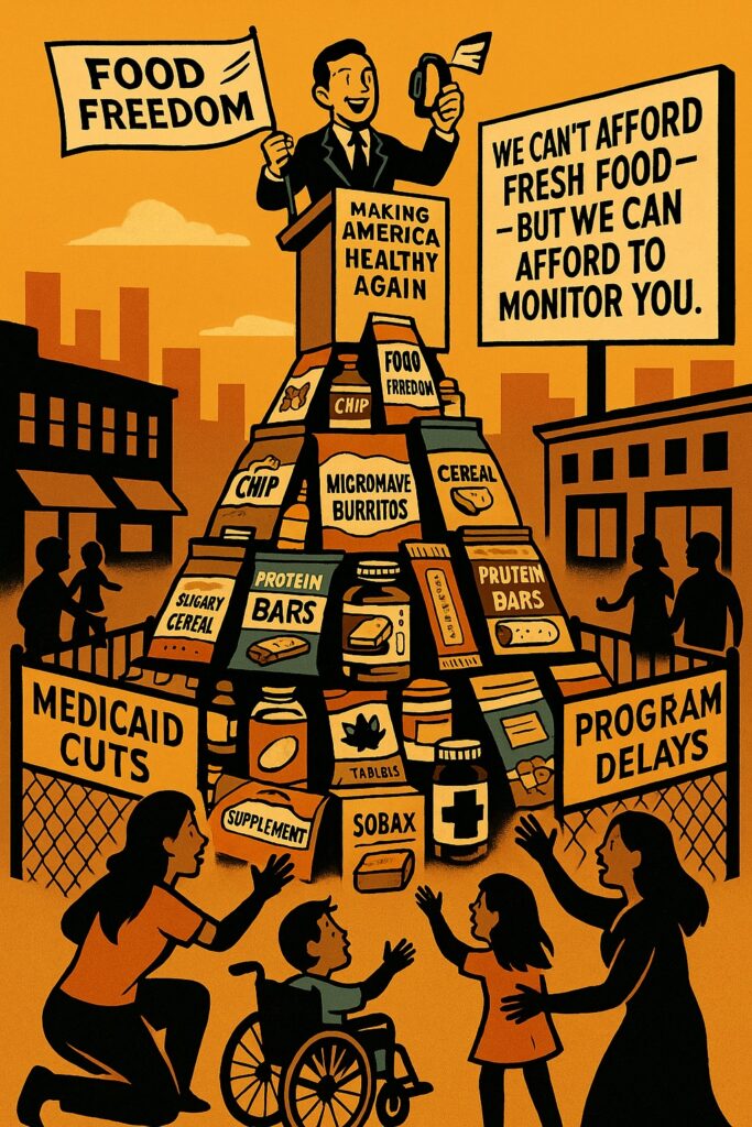 A satirical cartoon illustration of a food pyramid made of ultra-processed items like soda, chips, and supplements. At the top, a suited bureaucrat holds a wearable fitness tracker and waves a flag labeled “Food Freedom.” Below, disabled families are blocked by fences labeled “Medicaid Cuts” and “Program Delays.” A large billboard in the background reads, “We Can’t Afford Fresh Food—But We Can Afford to Monitor You.”