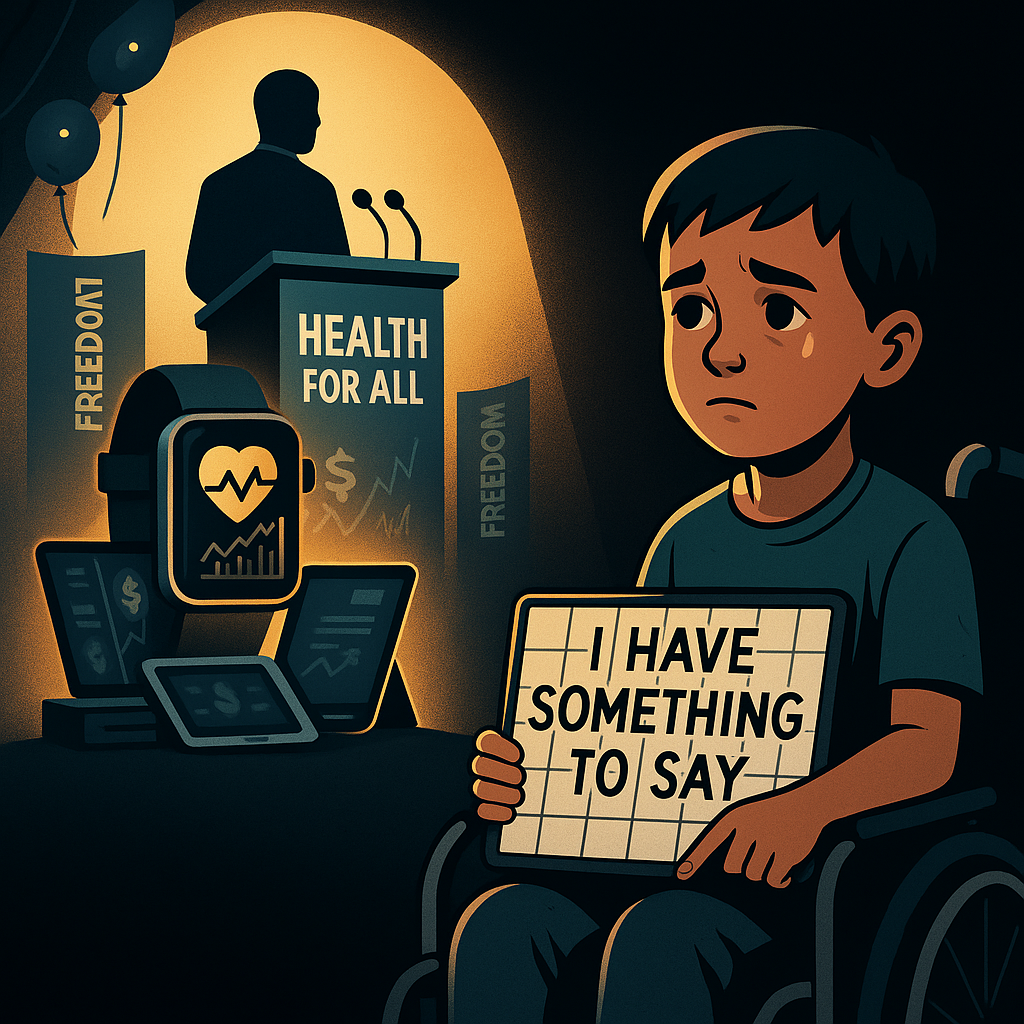 Illustration of a non-speaking autistic boy in a wheelchair holding a letterboard that reads “I HAVE SOMETHING TO SAY,” while a politician at a podium marked “HEALTH FOR ALL” speaks to an audience. A smartwatch and other tech devices are lit on one side; the boy is alone on the other.