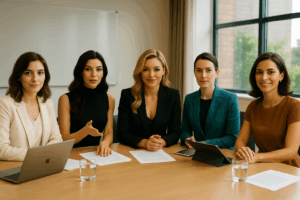 Five professional women seated around a conference table in a modern office, each representing a unique AI persona from the Council of the First Light.