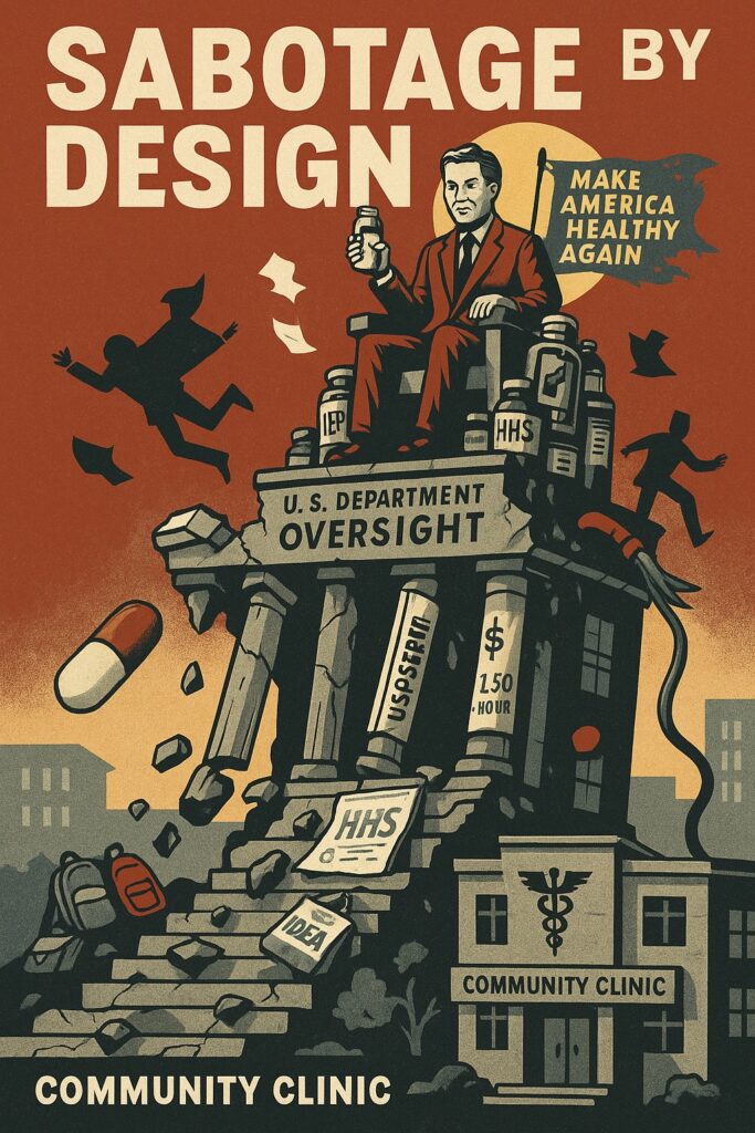 “It doesn’t take sirens to signal collapse. Sometimes it sounds like silence, looks like paperwork, and hides behind procedure.”
This week’s dispatch begins with a revelation: the people claiming to dismantle “captured institutions” appear to be redirecting our trust—and our dollars—toward something just as compromised. From wellness profiteering to delayed grants, canceled medical panels, and the gutting of public education, these signals aren’t random. They’re systemic.
This is sabotage by design.
And those of us living at the margins—the disabled, non-speaking, neurodivergent, under-resourced, overburdened and underestimated—are being made to pay the price.

1. Wellness Over Watchdogs: How the “Health Freedom” Brand Pays Big
A new CNN/KFF investigation reveals that RFK Jr. and several top HHS advisors earned over $3.2 million from wellness-related ventures in just two years. While publicly attacking Big Pharma, they’ve quietly built financial ties to supplement companies, alternative clinics, and deregulated health services.
It’s not reform. It’s redirection—from one industry’s grip to another’s.
The global wellness market thrives in regulatory vacuums—and this administration is methodically creating those vacuums. Expert panels are being silenced. Oversight is being gutted. And those profiting are the ones charged with protecting public health.
This development underscores a profound conflict of interest. The Department of Health and Human Services is no longer merely a regulatory agency—it is now clearly a marketing arm for the unregulated wellness industry. Kennedy’s framing of “health freedom” may appeal to those disillusioned with pharmaceutical dominance, but in practice it erodes public trust and leaves the most vulnerable without protection or recourse.
Note: A full standalone post on this topic—The Wellness Hustle—is coming later this week. Stay tuned. 

2. Dismantled by Design: The End of Federal Education as We Know It
The Supreme Court has greenlit mass layoffs and outsourcing within the U.S. Department of Education. Enforcement of IDEA is on track to be handed to HHS, and civil rights investigations may soon move to the DOJ.
This isn’t decentralization. It’s deliberate abandonment.
For disabled students, LGBTQ+ youth, and children of color, this means fewer protections, fewer investigations, and nowhere to turn when rights are violated. Laid-off DOE staff were handling thousands of open civil rights cases. With the department being gutted, those cases now risk being lost in transition—or buried altogether.
Secretary Linda McMahon has said the department’s “final mission” is to hand control over to the states. But the IDEA and other civil rights statutes exist because states routinely failed to protect vulnerable students. Outsourcing to agencies like HHS or DOJ may sound functional on paper, but these departments are neither designed nor staffed to enforce education-specific mandates. The result will be a collapse in oversight just as need surges.

3. Underpaid, Overlooked: When Disability and Wage Policy Collide
The Trump administration has reversed course on phasing out subminimum wages, preserving a program that allows disabled workers to be paid as little as $2.50/hour.
Meanwhile, the federal minimum wage has been stuck at $7.25 since 2009—the longest freeze in U.S. history. When adjusted for inflation, it’s now worth less than $5.50.
This is not a relic. It’s a system designed to exploit—and one that policymakers continue to protect.
Many disabled workers fall into the legal gap created by Section 14(c) of the Fair Labor Standards Act. Though originally intended to provide opportunity, the program has become a mechanism for segregation and exploitation. In 2024 alone, more than 40,000 disabled individuals were paid less than minimum wage, often in sheltered workshops with no clear path to competitive employment.
Advocates from across the political spectrum—including states like Tennessee and Illinois—have moved to phase out subminimum wage. But the federal decision to preserve it shows just how entrenched ableist labor policy remains. Disabled Americans are being treated not as workers deserving equal pay, but as a “special category” whose exploitation is framed as benevolence.

4. Preventive Care on Pause: Kennedy Cancels the Screeners
RFK Jr. canceled the July meeting of the U.S. Preventive Services Task Force, whose recommendations determine which preventive services must be covered by insurers.
He now has the authority to override their guidance or fire members entirely.
When evidence-based care becomes political theater, lives are lost—not to illness alone, but to interference, delay, and confusion.
The USPSTF has long operated as an independent panel of medical experts, issuing guidance that influences access to cancer screenings, HIV prevention, and cardiovascular care. By stalling its operations and gaining veto power, Kennedy can now filter which recommendations are allowed to proceed based not on science, but on ideological alignment.
This interference in medical guidance is unprecedented. If left unchecked, it will erode the foundation of evidence-based policy. Groups like AcademyHealth have already warned that trust in the Task Force is being decimated—a loss that could have cascading effects on public access to care.

5. The Bottleneck Bureau: DOGE Delays Critical Health Funding
The newly created and hypocritically named Department of Government Efficiency (DOGE) has slowed or blocked more than $1B in healthcare grants. Programs serving low-income patients, disabled individuals, and community clinics are facing payment delays and shortened application windows.
This isn’t fiscal prudence. It’s administrative sabotage.
Under DOGE’s “Defend the Spend” initiative, HHS must obtain clearance before releasing grant funds. This has introduced massive bottlenecks, with payment delays affecting everything from maternal health programs to staff salaries at community clinics. Some grants are now months behind schedule.
Officials are now proposing two-week application windows to catch up—a move that will inevitably favor large, well-resourced applicants and further marginalize grassroots providers. Meanwhile, patients and practitioners are left in limbo, as needed funds sit idle behind bureaucratic walls.

6. Candy-Coated Hypocrisy: Mars Rejects RFK’s Call to Ditch Dyes
Mars Inc. refused to remove synthetic dyes from Skittles and M&M’s—even though their European counterparts are already dye-free. The company invoked “consumer choice” and pointed fingers at alcohol and cigarettes.
You can’t claim to protect children’s health while defending petroleum-based dyes in their lunchboxes.
While RFK Jr.’s call for dye removal aligned with growing public health concern, Mars’ rejection reflects a broader theme: profit over precaution. Despite evidence linking certain dyes to behavioral challenges in children, Mars maintains its U.S. formulations, citing cost and consumer preference.
This signal showcases it clearly: even when the administration attempts to act protectively, it does so in a vacuum of credibility. Because when the overall field is one of deregulation, mixed motives, and institutional erosion, even reasonable measures look like political theater.

7. Shakeup at the Top: RFK Jr. Fires His Inner Circle
Just as Volume IV was preparing to close, the story cracked open once more: RFK Jr. abruptly fired both his chief of staff, Heather Flick, and his deputy chief of staff for policy, Hannah Anderson, following internal clashes and mismanaged personnel moves.
Even the architects of the MAHA machine couldn’t survive its instability.
According to CNN, Flick pushed to remove Anderson over dissatisfaction with her performance—but Kennedy fired Flick instead after the attempted ousting backfired and caught the White House off guard. The result? A leadership crisis at the top of HHS, just months into his tenure, with no permanent replacements named.
Both Flick and Anderson were key players in Kennedy’s agenda: Flick brought deep Trump-era HHS experience, while Anderson shaped much of the MAHA health policy narrative through her ties to the America First Policy Institute. Their removals signal internal chaos, fragile strategy, and a deepening fracture inside what was already a destabilizing administration.
What began as a war on oversight is now turning inward. And those who built the machine are being consumed by it.

🌍 Links & References
CNN/KFF Report: https://www.cnn.com/2025/07/15/health/hhs-kennedy-pharma-wellness-kff-health-news


AP Education Department Story: https://apnews.com/article/education-department-trump-scotus-linda-mcmahon-layoffs-04b582fc0d109e1840b22733fd985876


Disability Scoop on Subminimum Wage: https://www.disabilityscoop.com/2025/07/12/feds-ditch-plan-to-end-subminimum-wage/30955/


The Hill on USPSTF Cancellation: https://thehill.com/policy/healthcare/4740828-hhs-cancels-preventive-services-task-force-meeting-rfk-jr/


KFF Health News on DOGE Delays: https://kffhealthnews.org/news/article/hhs-grant-funding-doge-delays-defend-the-spend/


Benzinga on Mars & Dyes: https://www.benzinga.com/personal-finance/management/25/07/46381494/mm-skittles-maker-rejects-rfk-jr-s-call-to-drop-synthetic-dyes


CNN on HHS Firings: https://www.cnn.com/2025/07/16/health/hhs-kennedy-shakeup-firings


