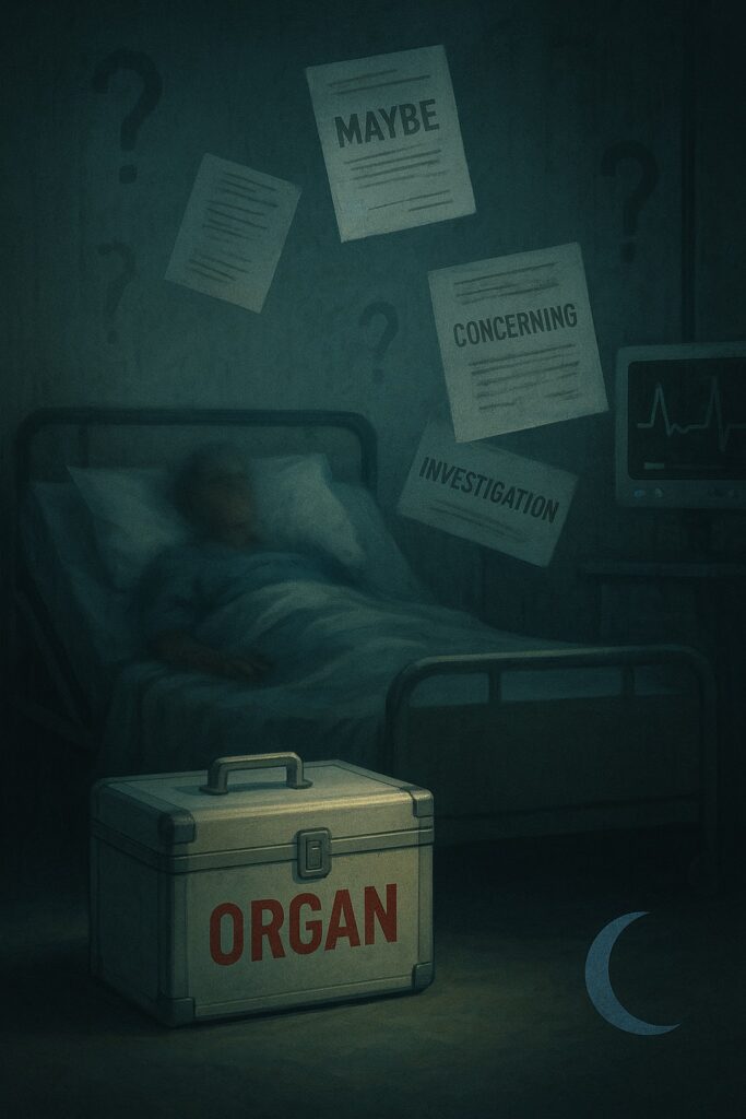A dimly lit hospital room shows a blurred patient lying in bed beneath a blanket. At the foot of the bed is a metal container labeled “ORGAN” in bold red letters. Above, floating documents display the words “MAYBE,” “CONCERNING,” and “INVESTIGATION.” A heart monitor flickers faintly, and question marks are faintly etched into the textured wall. In the bottom corner, a crescent moon glyph symbolizes the series’ branding.