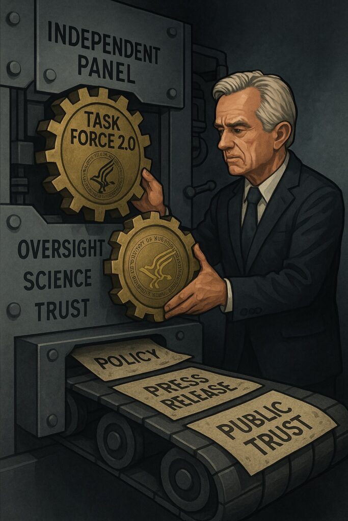 Robert F. Kennedy Jr. replaces a gear labeled “Independent Panel” with one labeled “Task Force 2.0” inside a government machine while documents labeled “Policy,” “Press Release,” and “Public Trust” roll out below.
