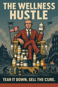 An editorial illustration showing RFK Jr. in a dramatic, theatrical pose at a podium marked “Health Freedom,” with collapsed government structures, falling paperwork, and supplement bottles symbolizing unregulated wellness products. In the background, disabled children, community clinics, and educational systems appear neglected. The image uses satirical exaggeration to critique how branding and profit have taken priority over genuine public health solutions.