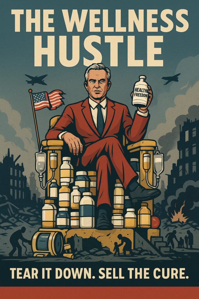 An editorial illustration showing RFK Jr. in a dramatic, theatrical pose at a podium marked “Health Freedom,” with collapsed government structures, falling paperwork, and supplement bottles symbolizing unregulated wellness products. In the background, disabled children, community clinics, and educational systems appear neglected. The image uses satirical exaggeration to critique how branding and profit have taken priority over genuine public health solutions.
