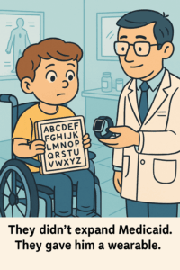 Cartoon illustration of a young disabled boy in a wheelchair holding a letterboard while a smiling doctor hands him a smartwatch. Caption below reads, “They didn’t expand Medicaid. They gave him a wearable.”