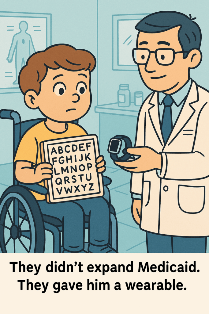 Cartoon illustration of a young disabled boy in a wheelchair holding a letterboard while a smiling doctor hands him a smartwatch. Caption below reads, “They didn’t expand Medicaid. They gave him a wearable.”