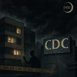 Editorial illustration of CDC headquarters at night with shattered windows and a police line in the foreground. Dark storm clouds loom overhead, symbolizing misinformation and conspiracy theories. A faded, fractured CDC logo is visible, with a small moon glyph labeled DSXI in the corner.