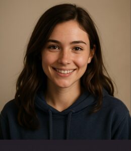 A young woman with warm brown eyes and wavy brown hair smiles gently at the camera. She is wearing a navy blue hoodie against a neutral background, giving her an approachable, friendly look. ⸻