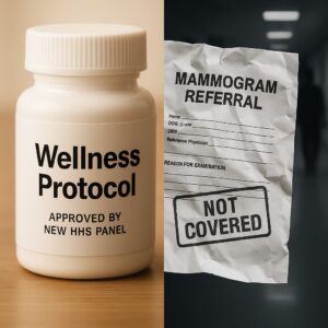 Split-screen image showing a wellness pill bottle labeled “Approved by New HHS Panel” on the left, and a crumpled mammogram referral marked “Not Covered” on the right.