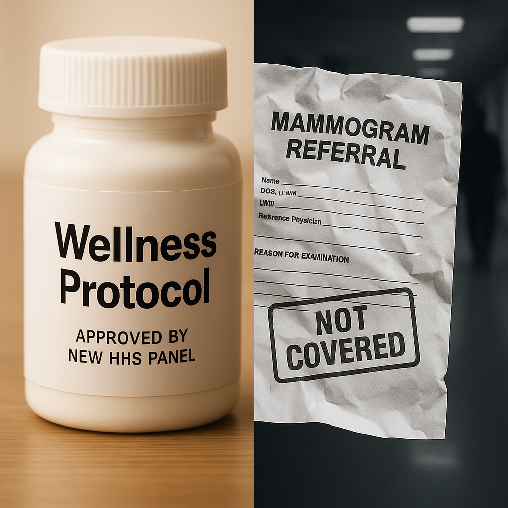 Split-screen image showing a wellness pill bottle labeled “Approved by New HHS Panel” on the left, and a crumpled mammogram referral marked “Not Covered” on the right.