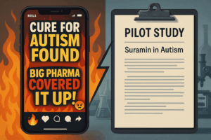 A split-screen digital illustration contrasting a viral social media reel claiming a cure for autism with a quiet, evidence-based clinical lab setting.