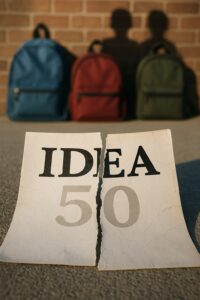 A photograph of a torn legal document labeled “IDEA,” placed on a wooden surface. Behind it sit several children’s backpacks — blue, pink, and green — slightly out of focus, symbolizing students affected by the erosion of rights. A subtle number “50” appears as a faded watermark above the torn paper, referencing the 50th anniversary of the IDEA law and the fragility of its promise.