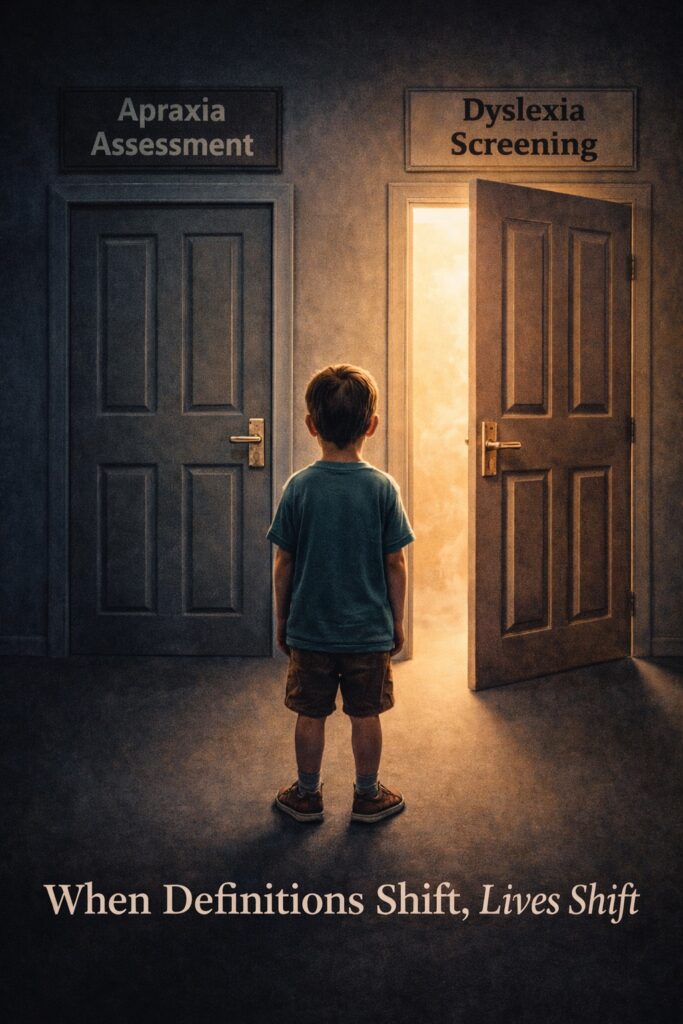 A young boy stands in front of two doors. One reads “Dyslexia Screening” — it’s slightly open, with light shining through. The other reads “Apraxia Assessment” — cold, shut, and locked. The image symbolizes unequal access in education for autistic children.